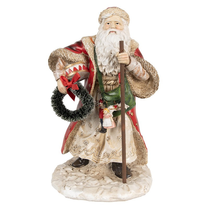 Piros ruhás télapó dobbal koszorúval vintage karácsonyi figura