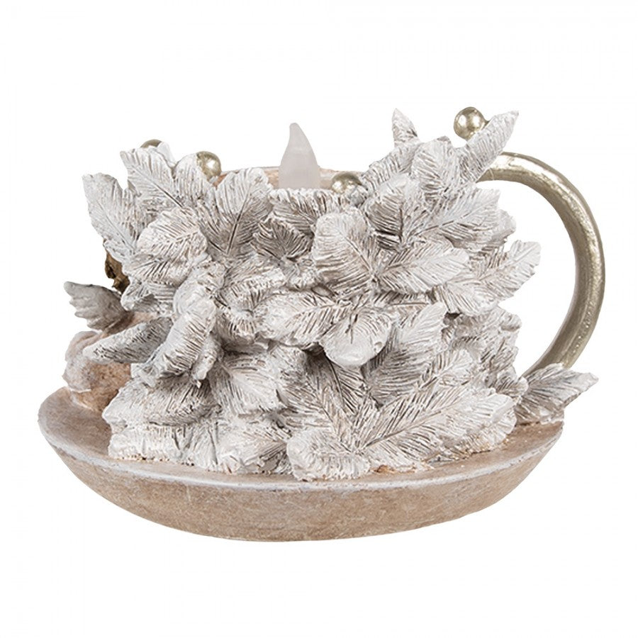 Antikolt teáscsésze gyertyás alvó angyalokkal LED-es karácsonyi dekoráció