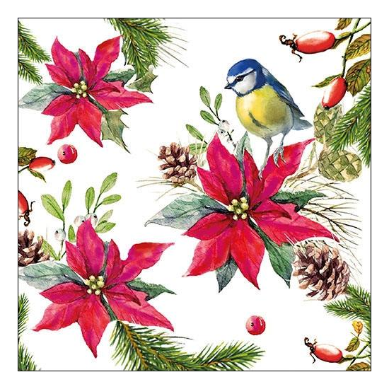 Bird on Poinsettia white karácsonyi szalvéta 33x33cm 20 db-os