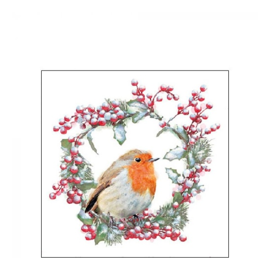 Robin in Wreath karácsonyi szalvéta 25x25cm 20 db-os