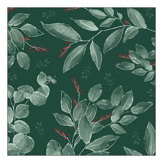 Leaves and berries green karácsonyi szalvéta 33x33cm 20 db-os