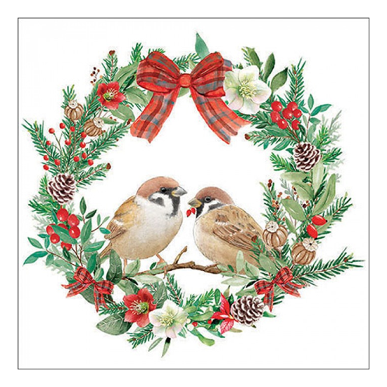 Sparrows in wreath karácsonyi szalvéta 33x33cm 20 db-os