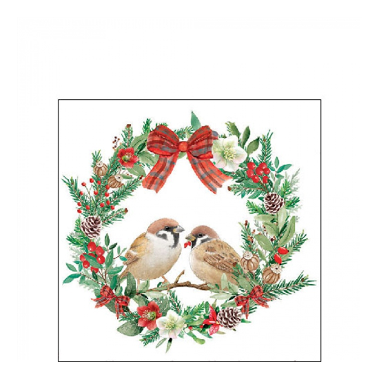 Sparrows in wreath karácsonyi szalvéta 25x25cm 20 db-os