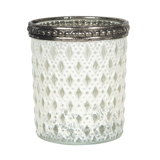 Fehérített kis üveg mécsestartó rombusz mintával 5x6 cm