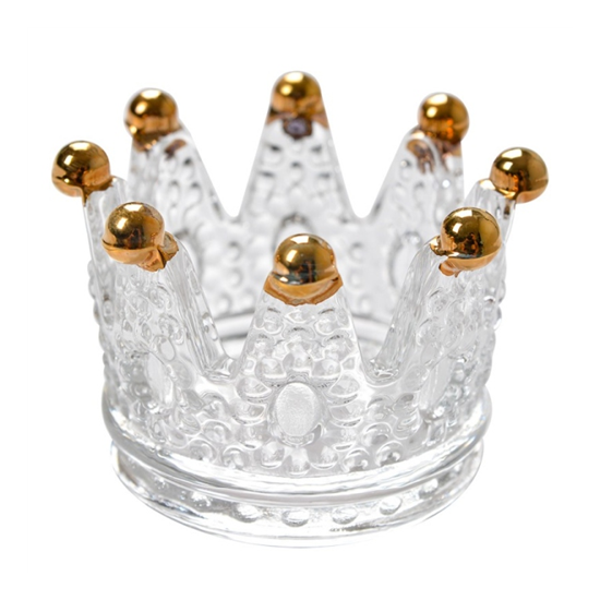 Üveg korona alakú mécsestartó arany peremmel 7x5 cm
