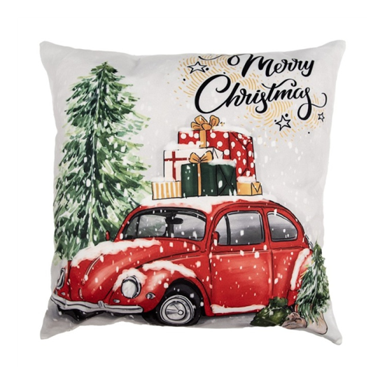 Karácsonyi párnahuzat 45x45 cm piros autó csomagokkal