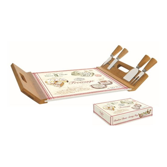 Sajtvágókészlet bambusztálcán üveg vágólappal 4 db sajtkéssel Fromage
