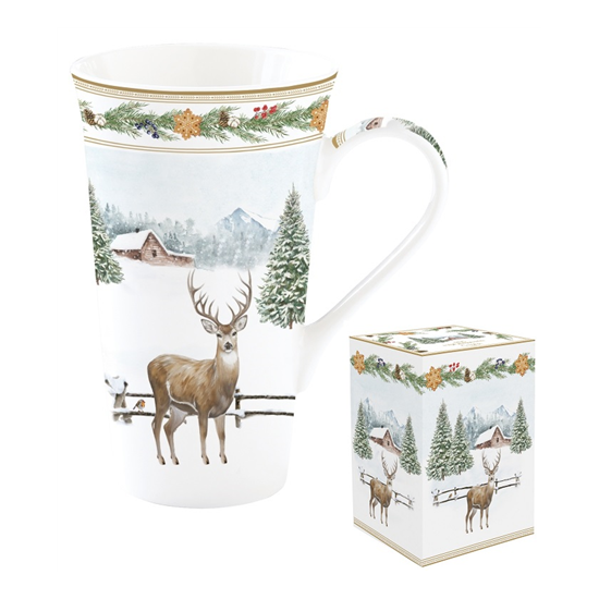 Karácsonyi porcelán szarvas mintás nagy bögre 600 ml díszdobozban White Forest