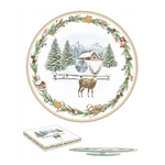 Karácsonyi porcelán szarvas mintás forgó üveg kínáló tál díszdobozban White Forest