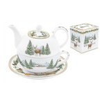 Karácsonyi porcelán szarvas mintás egyszemélyes teáskészlet díszdobozban White Forest