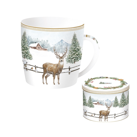 Karácsonyi porcelán szarvas mintás bögre fémdobozban White Forest