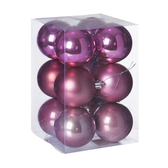 Karácsonyfagömb dobozban 6 cm 3 féle (12 db-os szett) – rózsaszín, műanyag – DD51250
