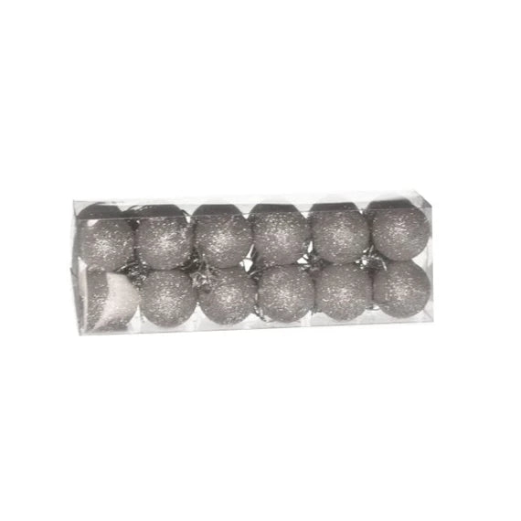 Karácsonyfagömb dobozban, glitteres 3 cm (24 db-os szett) – ezüst, glitteres, műanyag