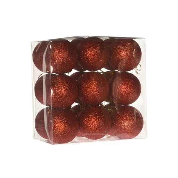 Karácsonyfagömb dobozban, glitteres 5 cm (18 db-os szett) – piros, glitteres, műanyag