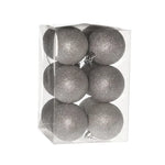 Karácsonyfagömb dobozban, glitteres 6 cm (12 db-os szett) – ezüst, glitteres, műanyag