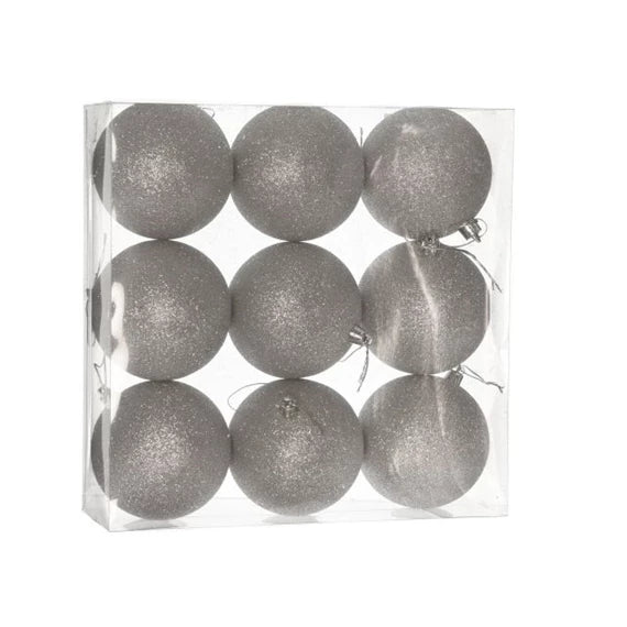 Karácsonyfagömb dobozban, glitteres 8 cm (9 db-os szett) – ezüst, glitteres, műanyag