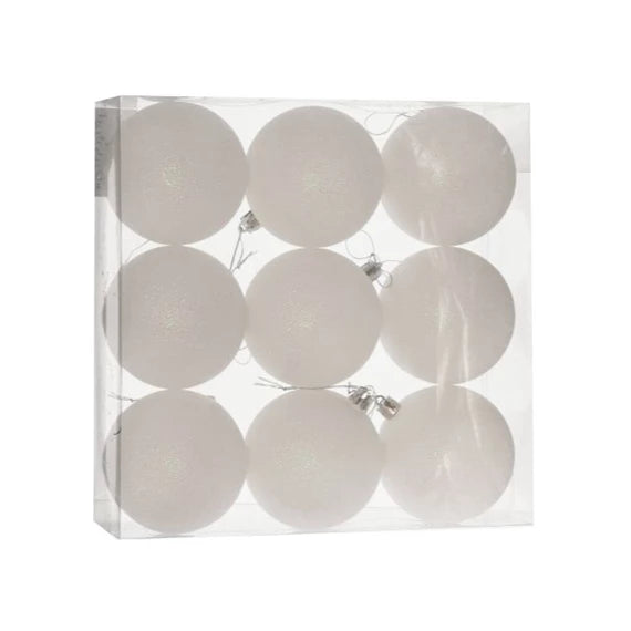 Karácsonyfagömb dobozban, glitteres 8 cm (9 db-os szett) – fehér, glitteres, műanyag