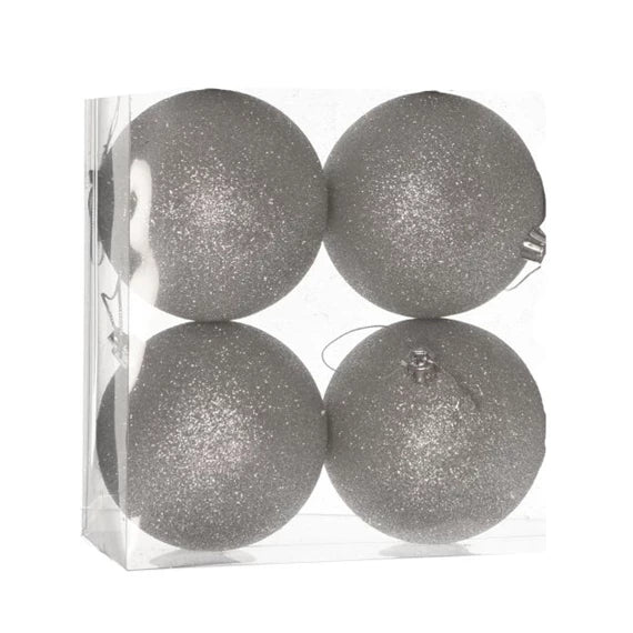 Karácsonyfagömb dobozban, glitteres 10 cm (4 db-os szett) – ezüst, glitteres, műanyag