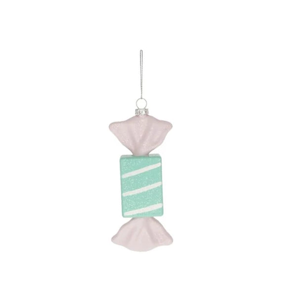 Karácsonyfadísz – cukorka akasztós, glitteres 6,8x3,1x15 cm – pasztell, műanyag