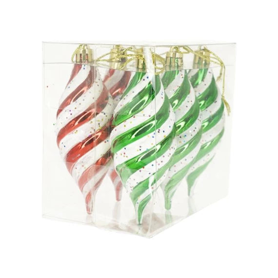 Karácsonyfadísz csavart, glitteres 12,3x8,2x11 cm (6 db-os szett) – piros, zöld, műanyag