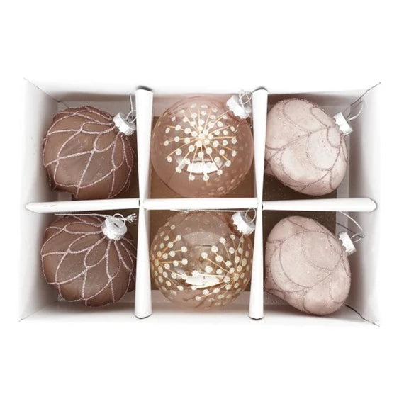 Karácsonyfagömb glitter dekorral, hagyma alakú, akasztós 8 cm (6 db-os szett) – mályva, üveg