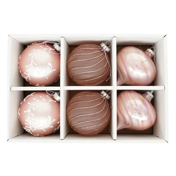 Karácsonyfagömb matt, hagyma alakú, vonal dekorral, akasztós 8 cm (6 db-os szett) – rózsaszín, mályva, üveg