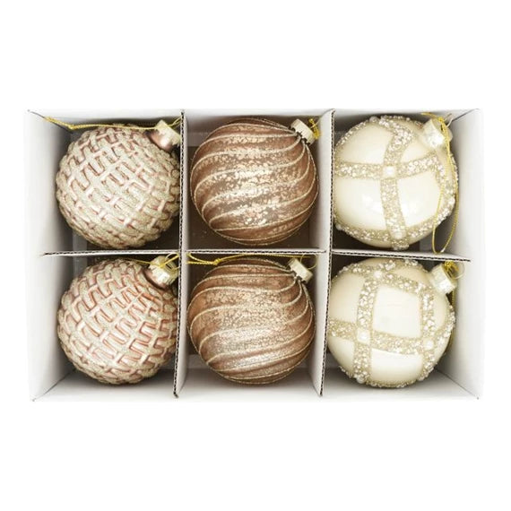 Karácsonyfagömb dombor mintával, glitter dekorral, akasztós 8 cm (6 db-os szett) – arany, sárga, üveg