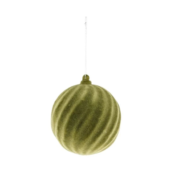 Karácsonyfagömb csavart, flokkolt, akasztós 8 cm – olivazöld, műanyag