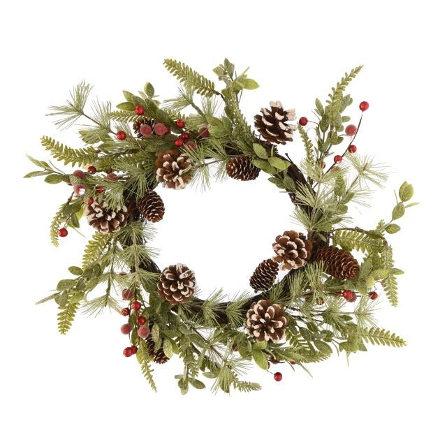 Karácsonyi koszorú bogyóval tobozzal glitteres 51 cm