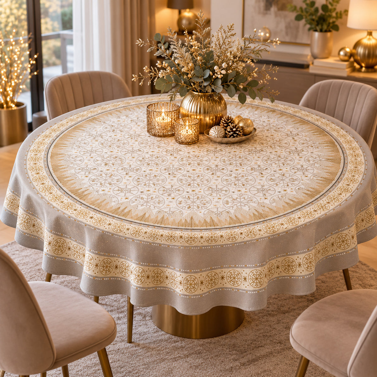 Karácsonyi asztalterítő – Modern karácsony minta, Ø 160 cm, gobelin, arany lurex