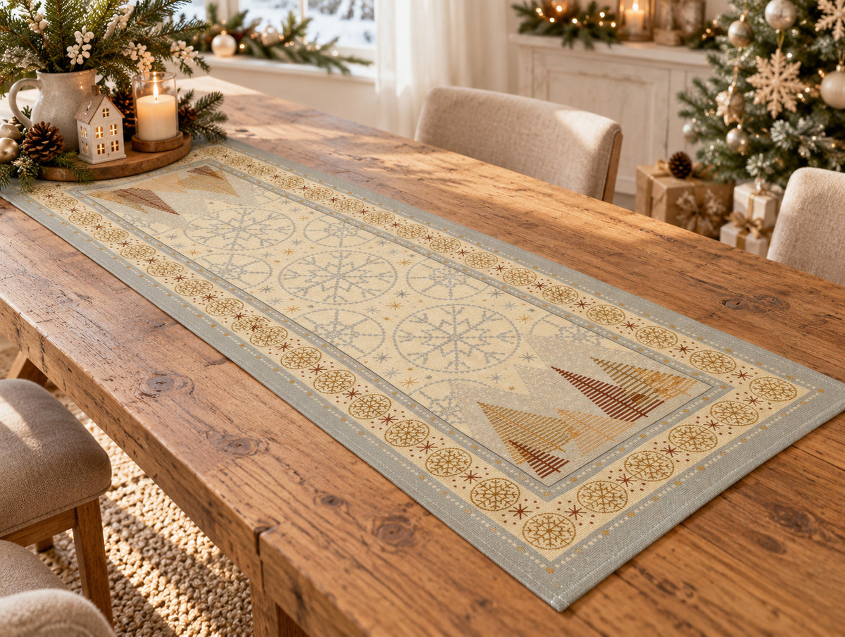 Karácsonyi asztali futó – Modern karácsony mintás asztali futó, 44×140 cm, gobelin, arany lurex