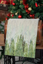 Karácsonyi asztali futó – Golden forest fenyőfás mintás asztali futó, 44×140 cm, gobelin, arany lurex