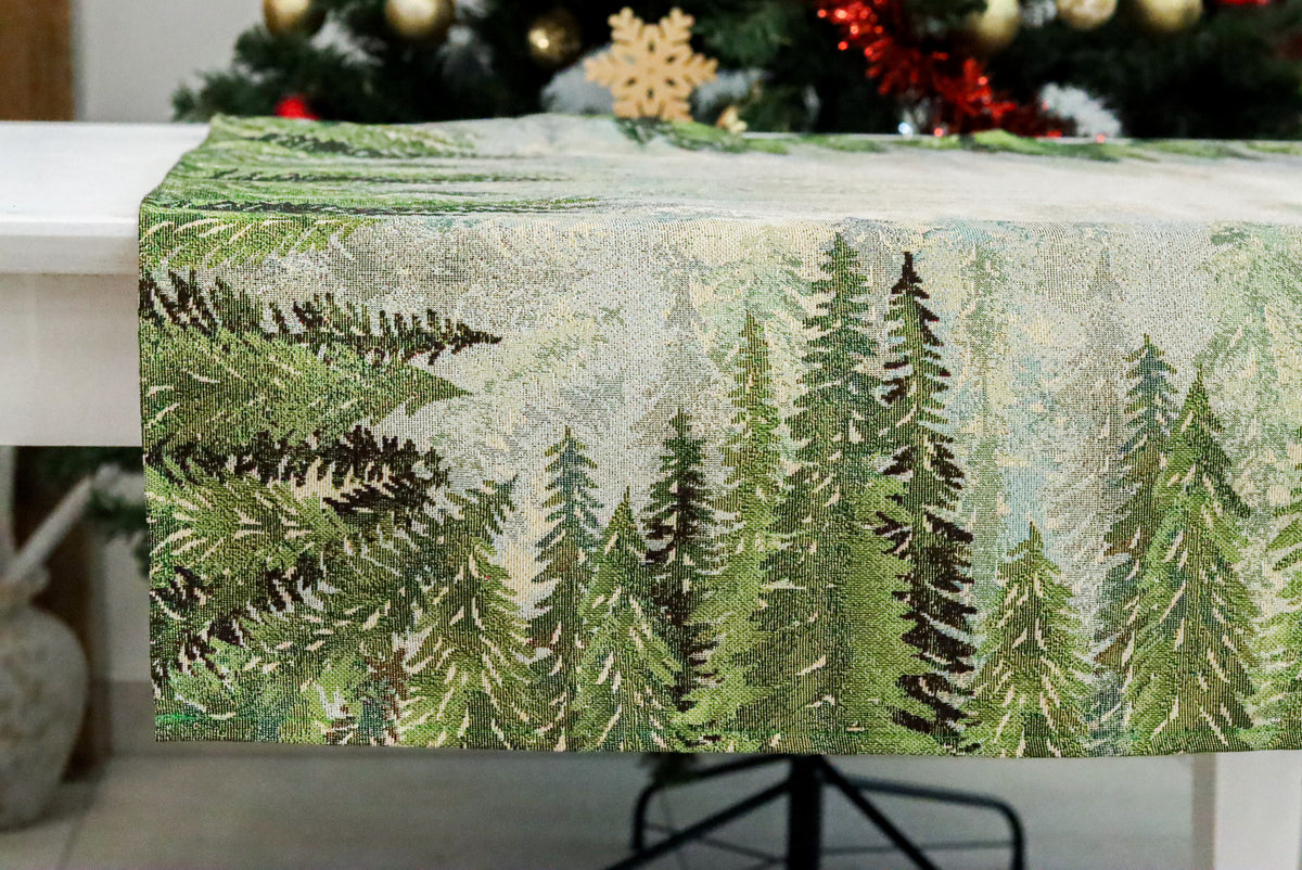Karácsonyi asztalterítő – Golden forest fenyőfás minta, 96×100 cm, gobelin, arany lurex