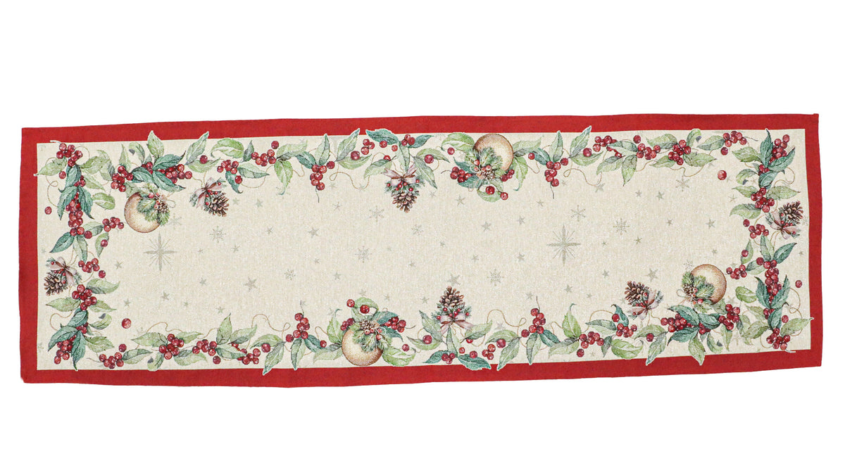 Karácsonyi asztali futó – Berry ünnepi, bogyós mintás asztali futó, 44×140 cm, gobelin, ezüst lurex