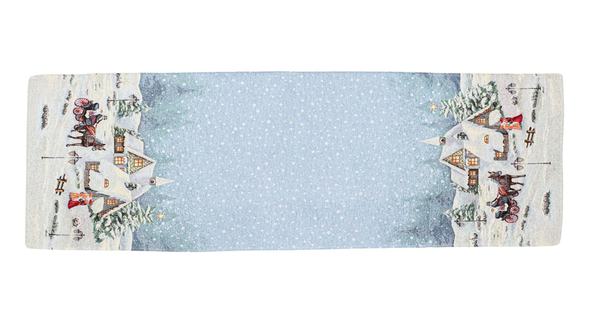 Karácsonyi asztali futó – Alpesi éjszaka mintás asztali futó, 44×140 cm, gobelin, ezüst lurex