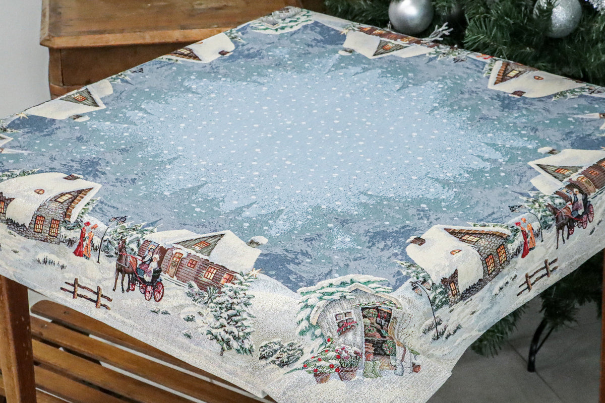 Karácsonyi asztalterítő – Alpesi éjszaka minta, 96×100 cm, gobelin, ezüst lurex