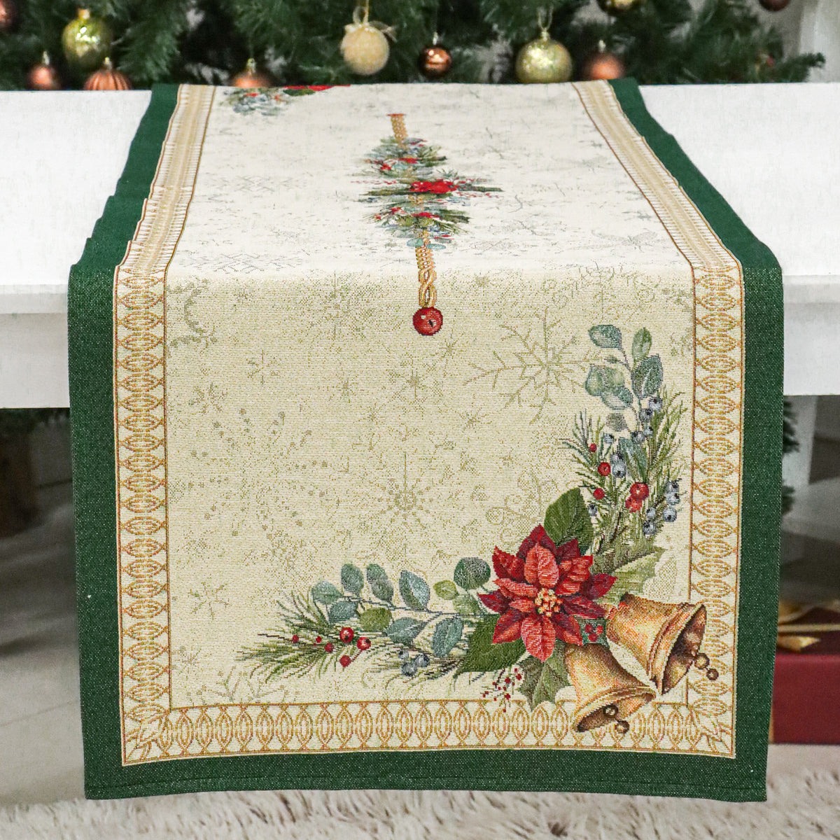 Karácsonyi asztali futó – Bells csengős, ünnepi mintás asztali futó, 37×100 cm, gobelin, arany lurex