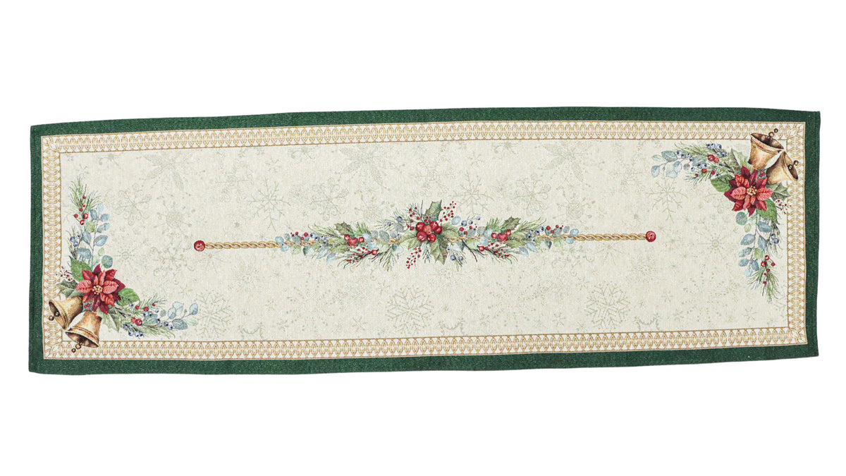 Karácsonyi asztali futó – Bells csengős, ünnepi mintás asztali futó, 44×140 cm, gobelin, arany lurex