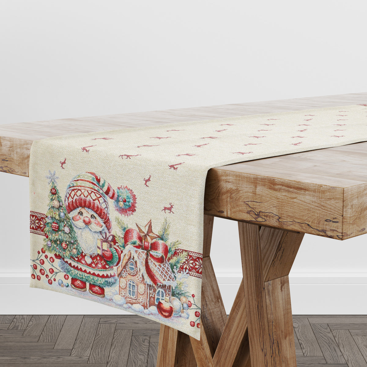 Karácsonyi asztali futó – Manós, mézeskalácsos mintás asztali futó, 44×140 cm, gobelin, ezüst lurex