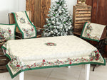 Karácsonyi asztalterítő – Classic piros bogyós, zöld szélű minta, 137×240 cm, gobelin, ezüst lurex