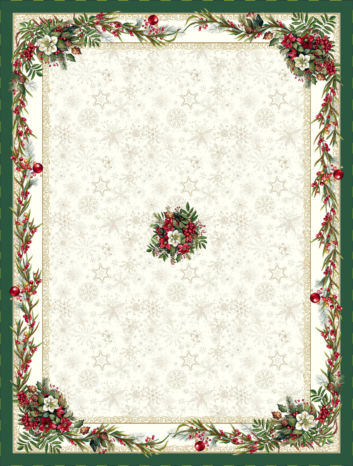 Karácsonyi asztalterítő – Classic piros bogyós, zöld szélű minta, 137×240 cm, gobelin, ezüst lurex