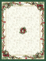 Karácsonyi asztalterítő – Classic piros bogyós, zöld szélű minta, 137×240 cm, gobelin, ezüst lurex