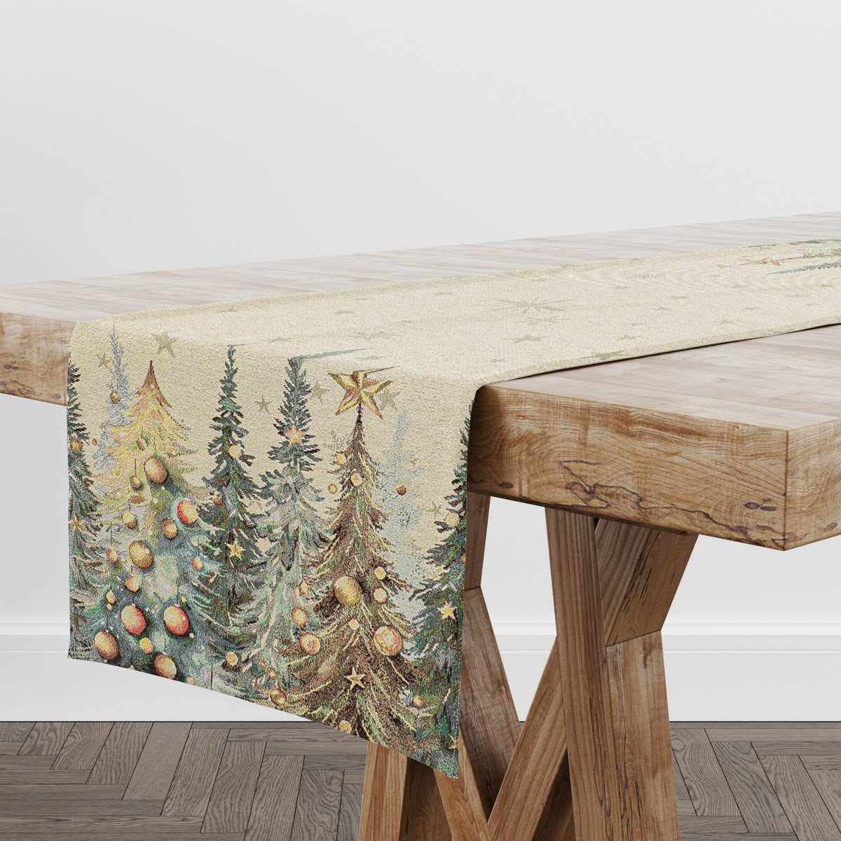 Karácsonyi asztali futó – Csillogó erdő mintás asztali futó, 44×140 cm, gobelin, arany lurex