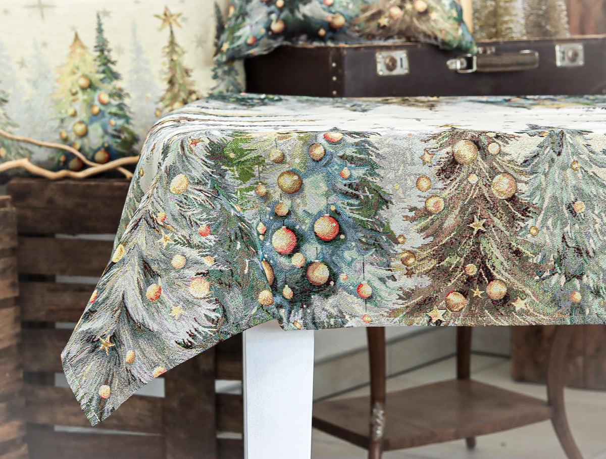 Karácsonyi asztalterítő – Csillogó erdő minta, 96×100 cm, gobelin, arany lurex