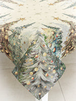 Karácsonyi asztalterítő – Csillogó erdő minta, 96×100 cm, gobelin, arany lurex