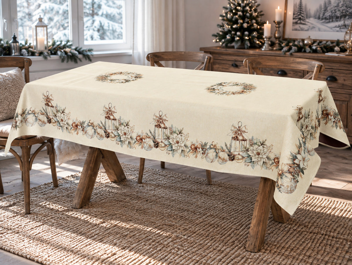Karácsonyi asztalterítő – Arany lámpás minta, 137×240 cm, gobelin, ezüst lurex