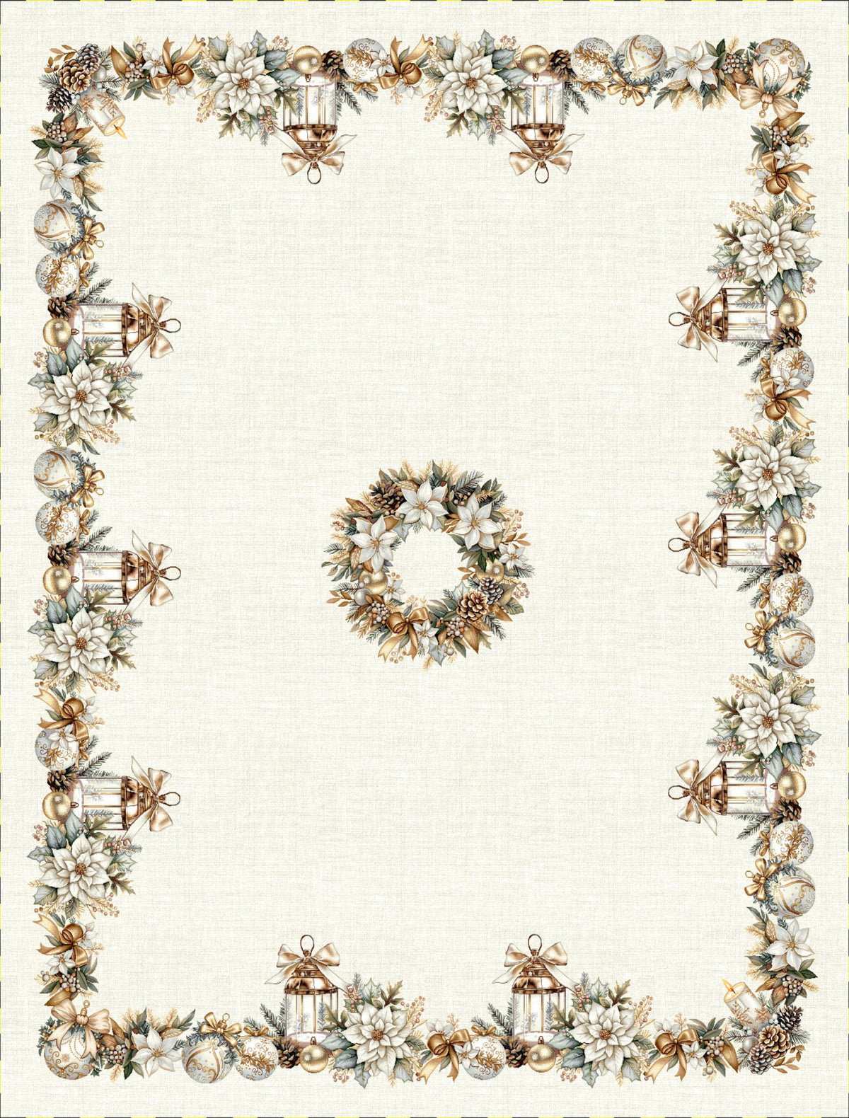 Karácsonyi asztalterítő – Arany lámpás minta, 137×240 cm, gobelin, ezüst lurex