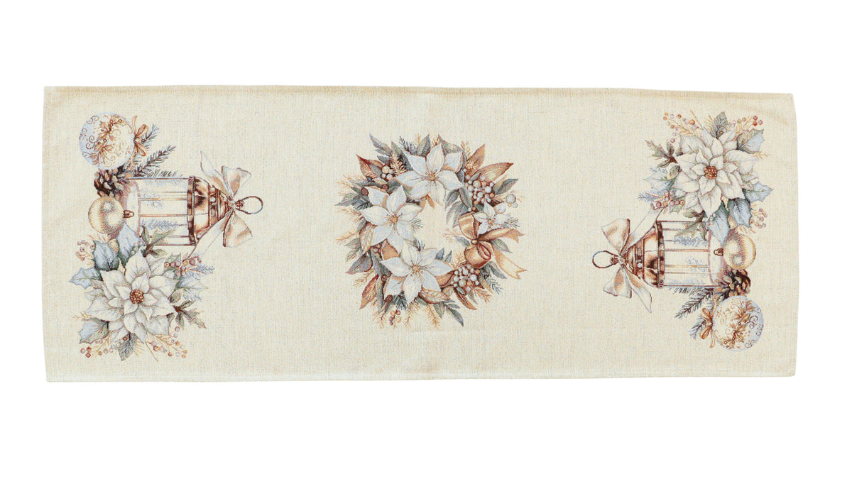 Karácsonyi asztali futó – Arany lámpás ünnepi mintás asztali futó, 44×180 cm, gobelin, ezüst lurex