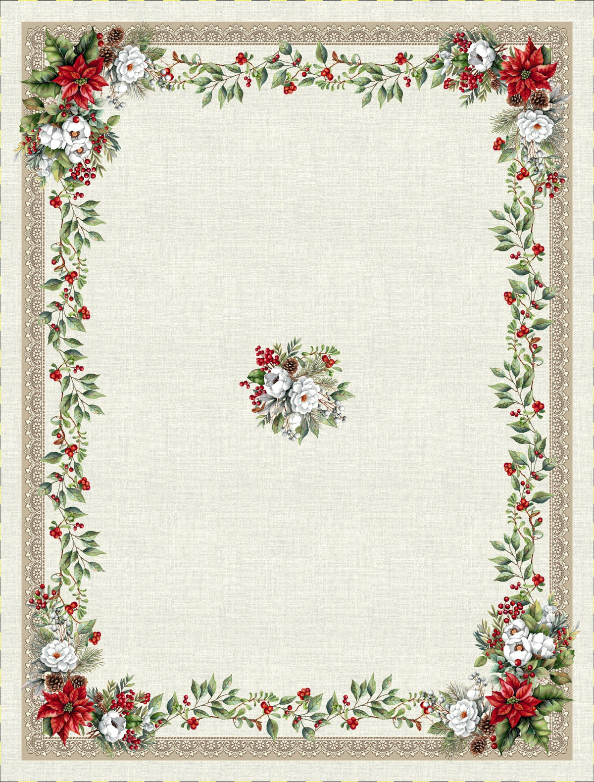 Karácsonyi asztalterítő – Mikulásvirágos (csipkés) minta, 137×240 cm, gobelin, ezüst lurex