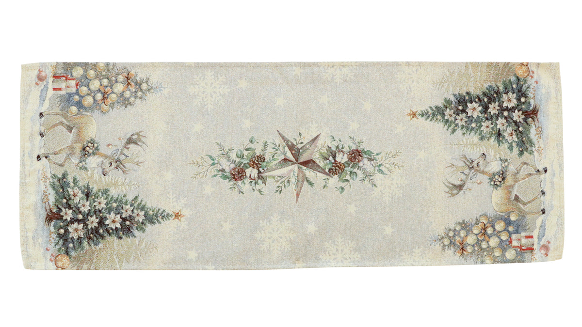 Karácsonyi asztali futó – Golden deer arany szarvasos mintás asztali futó, 37×100 cm, gobelin, ezüst lurex